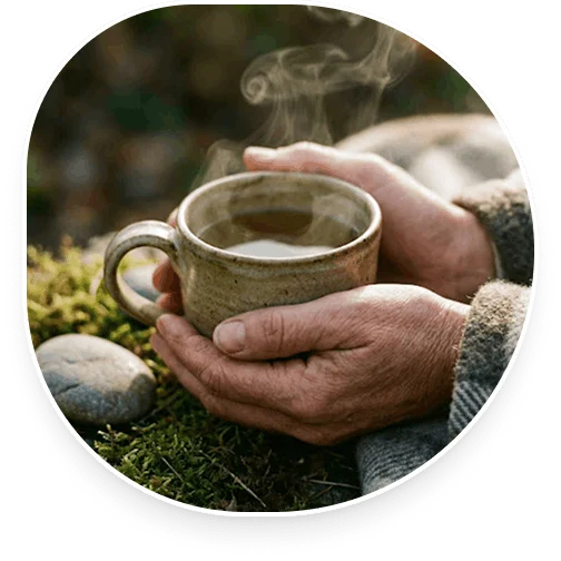 a warm cup of tea held by weathered, compassionate hands (1)